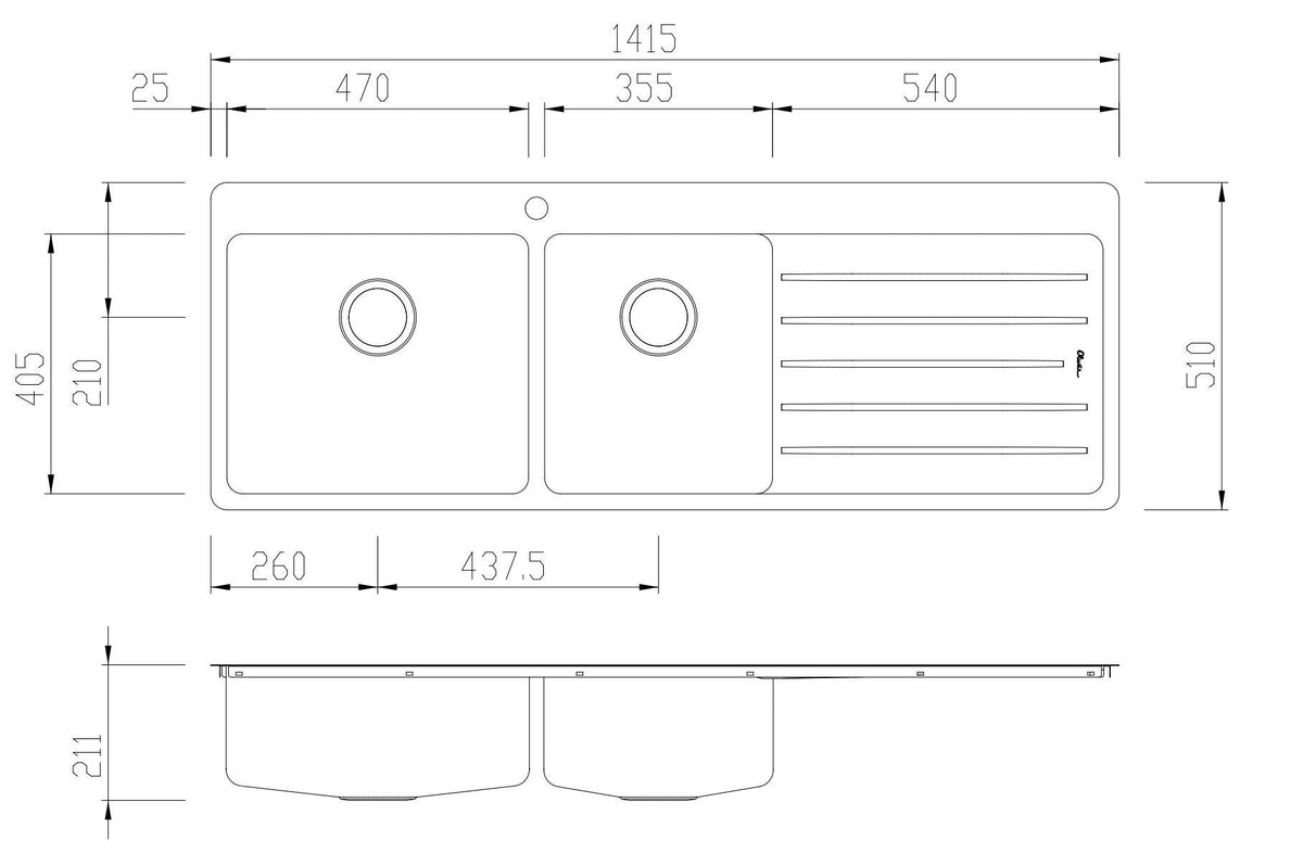 Oliveri Sonetto 1415mm 1 and 3/4 Bowl Topmount Sink - Right Hand Drainer, Brushed Stainless Steel - SN1011