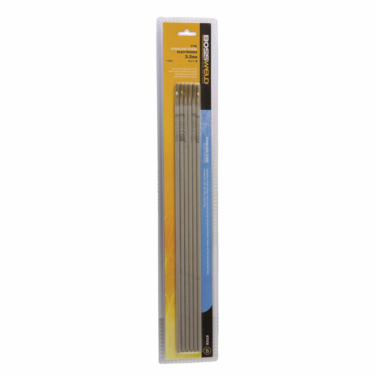Bossweld 3.2mm 316L-16 Stainless Steel Welding Electrodes - 6 Stick Pack