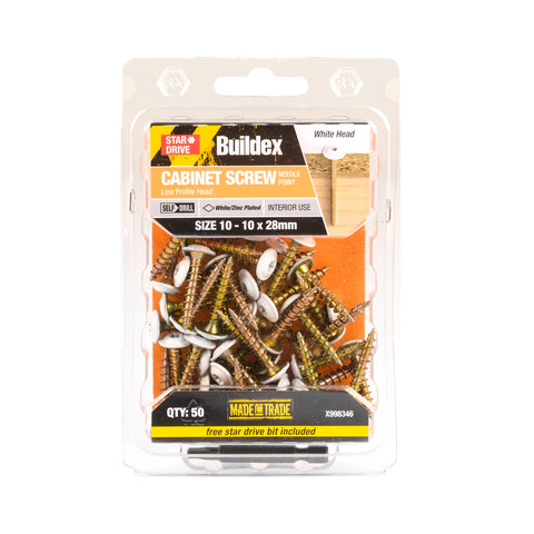 Buildex 10-10 x 28mm White Star Head Cabinet Screws - Zinc Plated, Needle Point, 50 Pack
