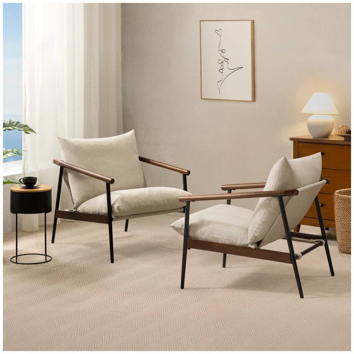 Zinus Wood and Metal Frame Armchair - Black, Ergonomic Sling Seat, Foam Cushion - AU-USHSL4ZC-31B