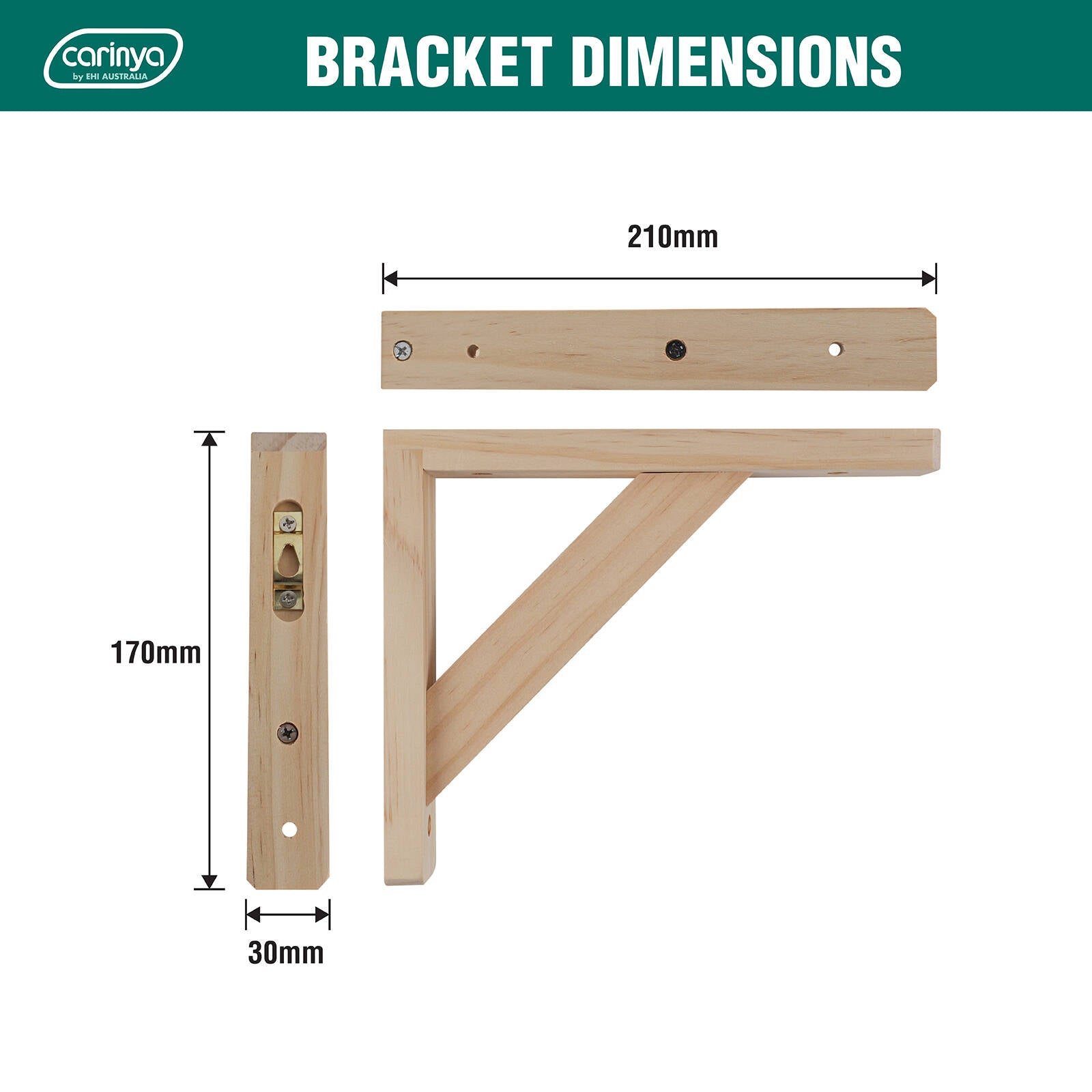 Carinya 210 x 170mm Raw Pine Stayed Bracket Wall Mount 30kg Capacity Indoor