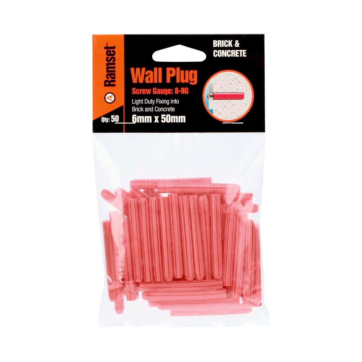 Ramset 6 x 50mm Red Plastic Wall Plugs - 50 Pack