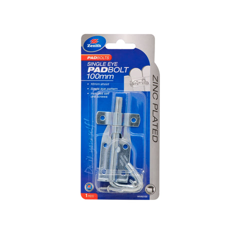 Zenith Single Eye Padbolt 100 x 10mm Zinc Plated Steel - Gates & Sheds