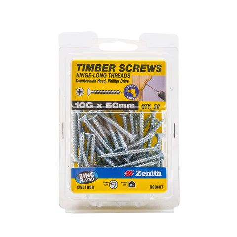 Zenith 10G x 50mm Zinc Plated Countersunk Hinge Timber Screws 50 Pack