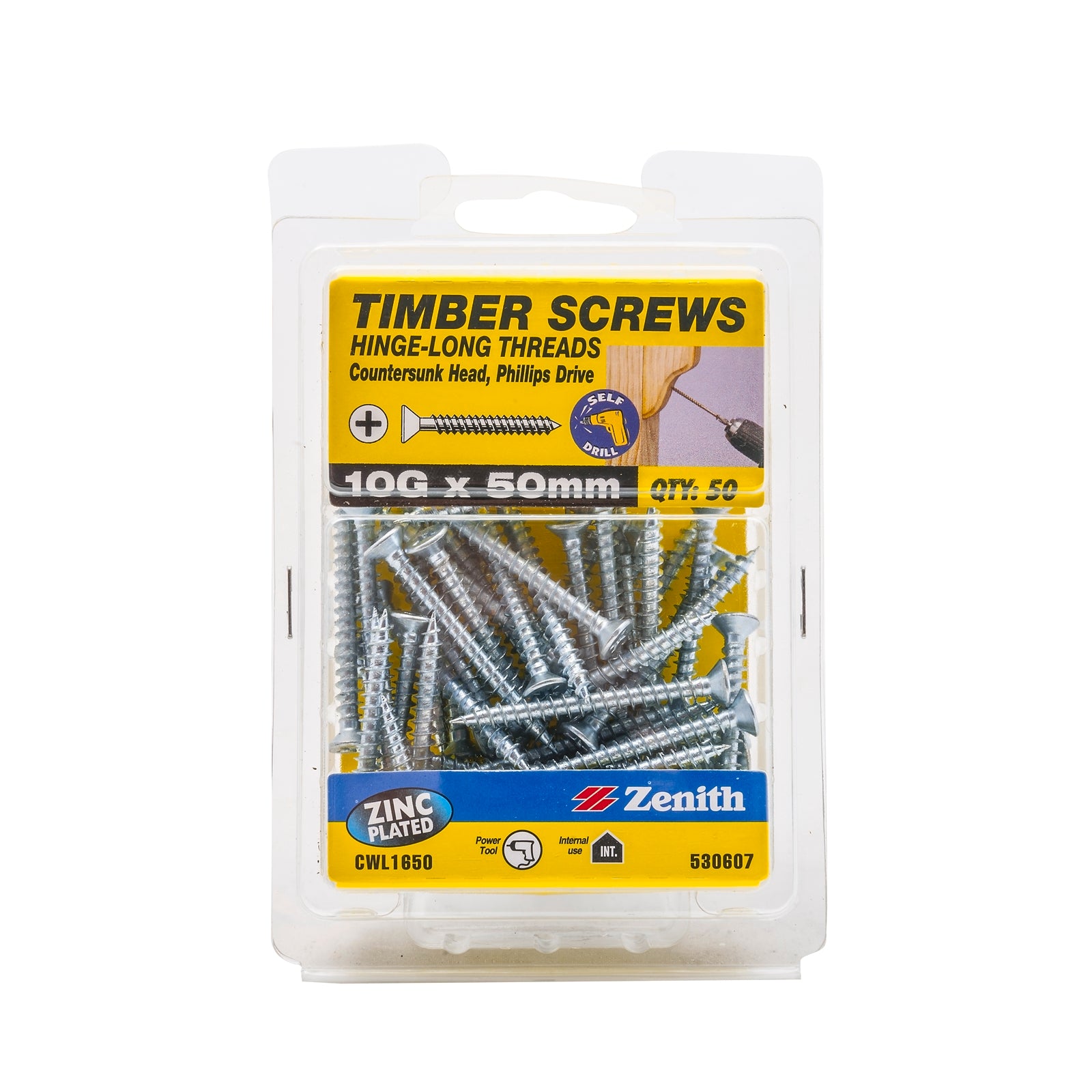 Zenith 10G x 50mm Zinc Plated Countersunk Hinge Timber Screws 50 Pack
