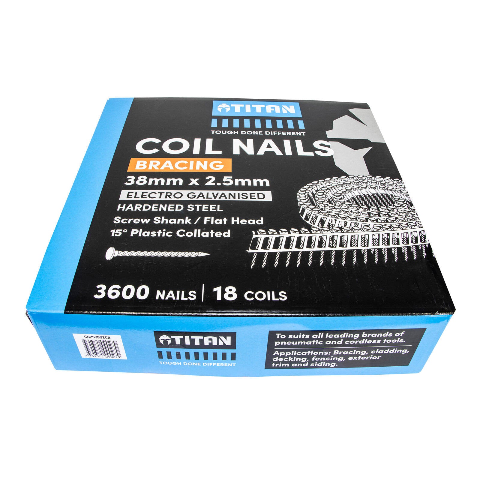 Titan 38 x 2.5mm Hardened Electro Galvanised Collated Coil Nail Screw - 3600 Pack