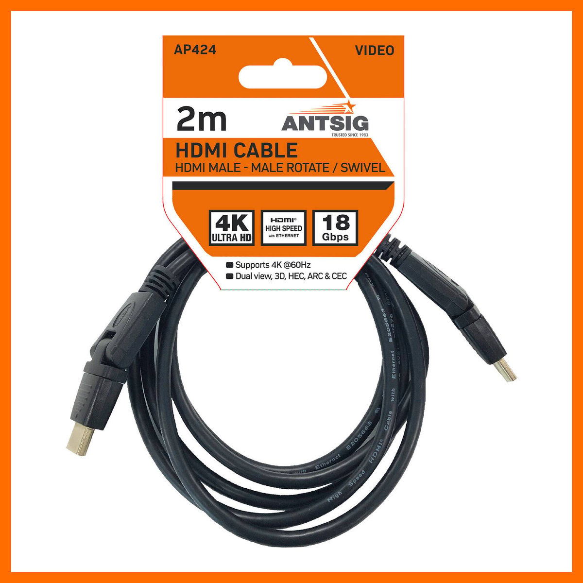 Antsig 2m Black HDMI Rotate or Swivel Cable Gold Plated