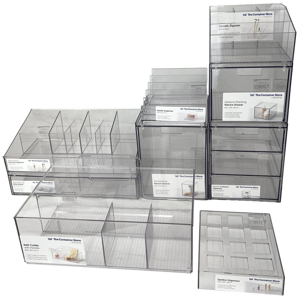 The Container Store 9 Piece Bath/Cosmetic Pack 1 - Clear PET, Drawer and Countertop - VTCS-BATHCOSM-P1