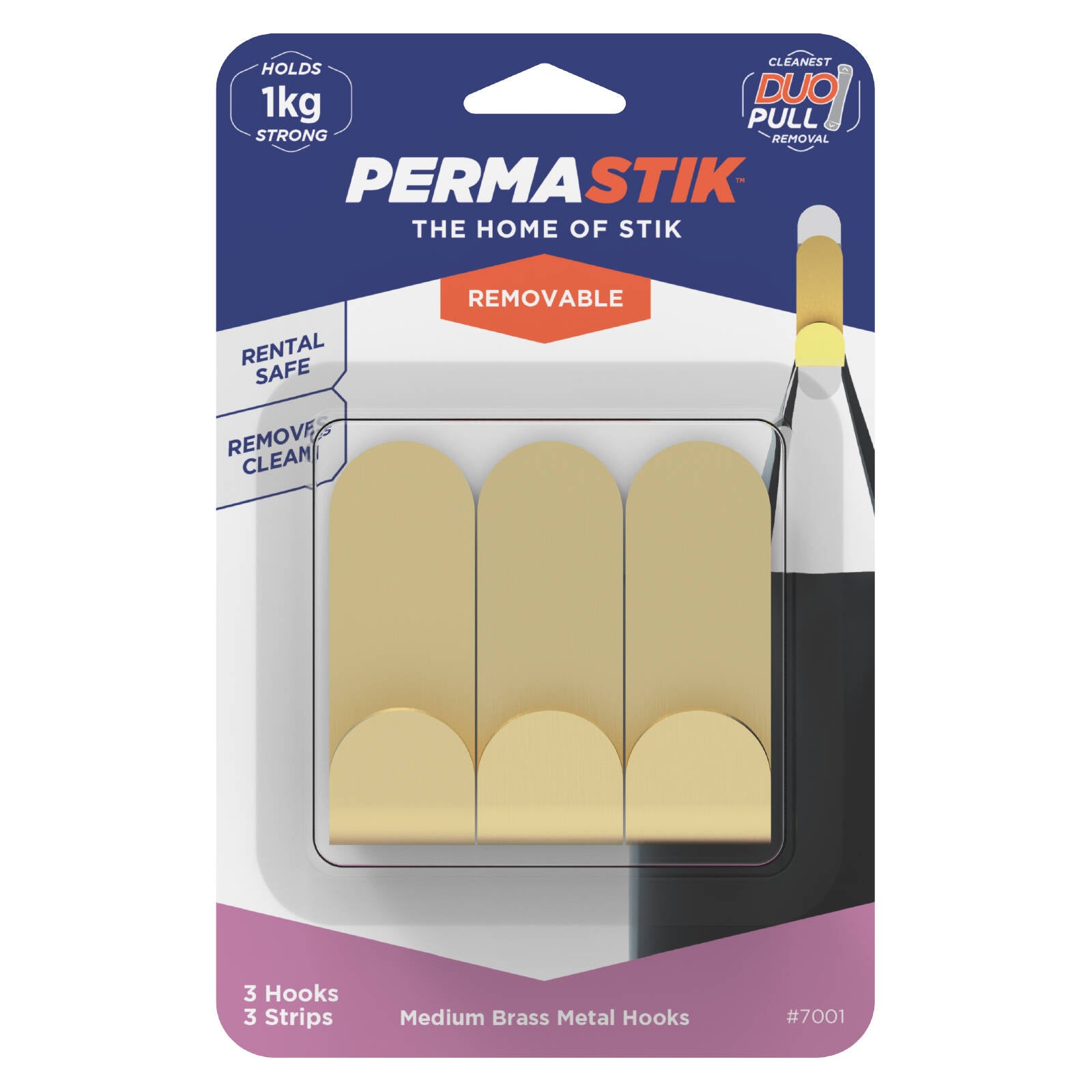 Permastik Medium Brass Metal Hooks - 3 Pack