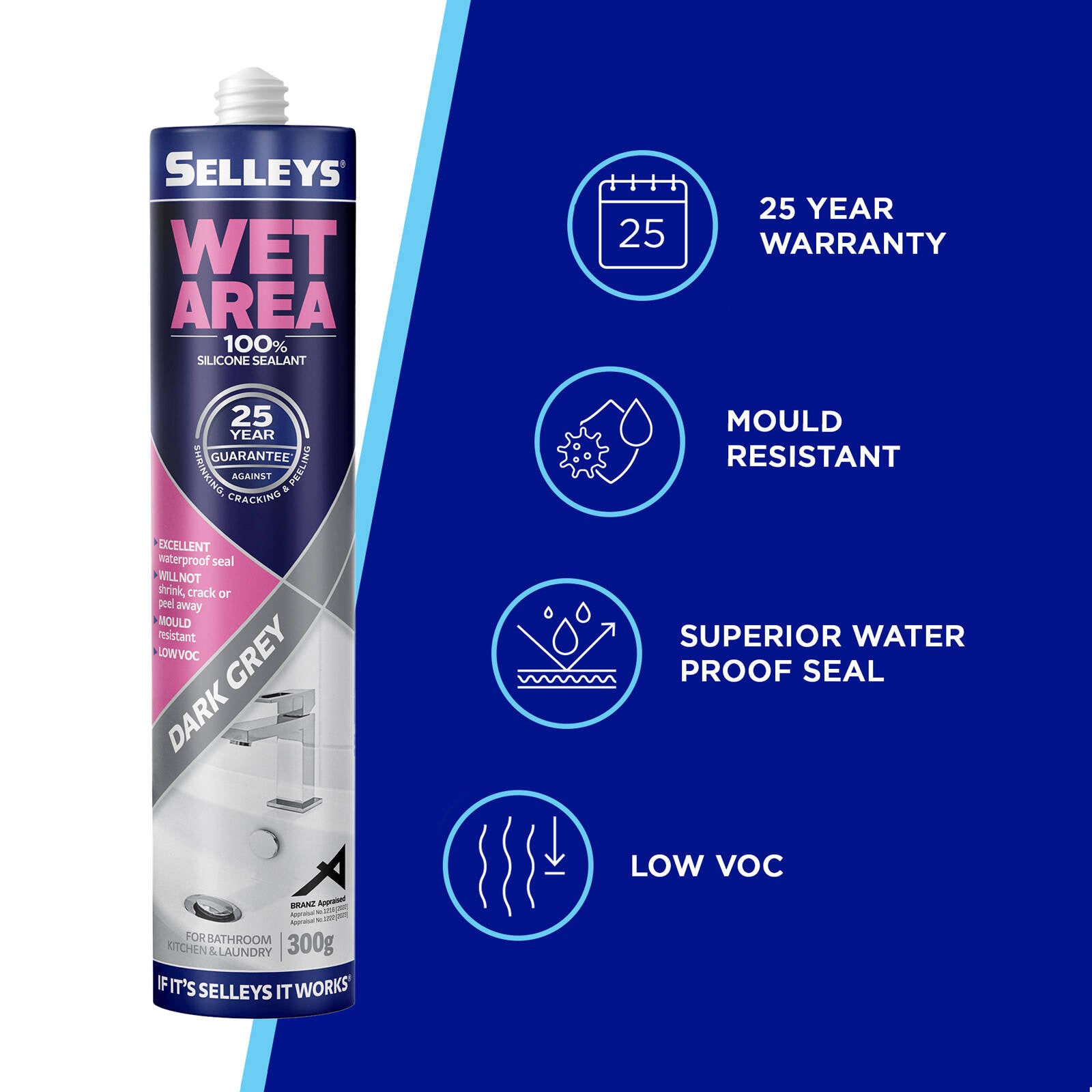 Selleys Wet Area Waterproof Silicone Sealant 300g Dark Grey - For Bathrooms, Kitchens & Laundries