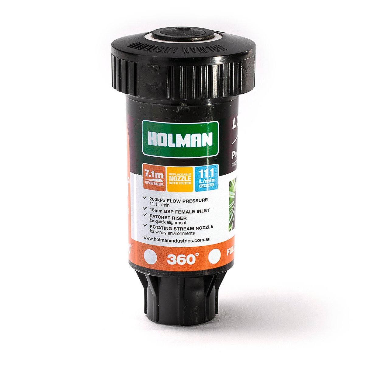Holman 50mm Longstream Full Circle Rotating Pop Up Sprinkler - 15mm BSP, 800 kPa, Black
