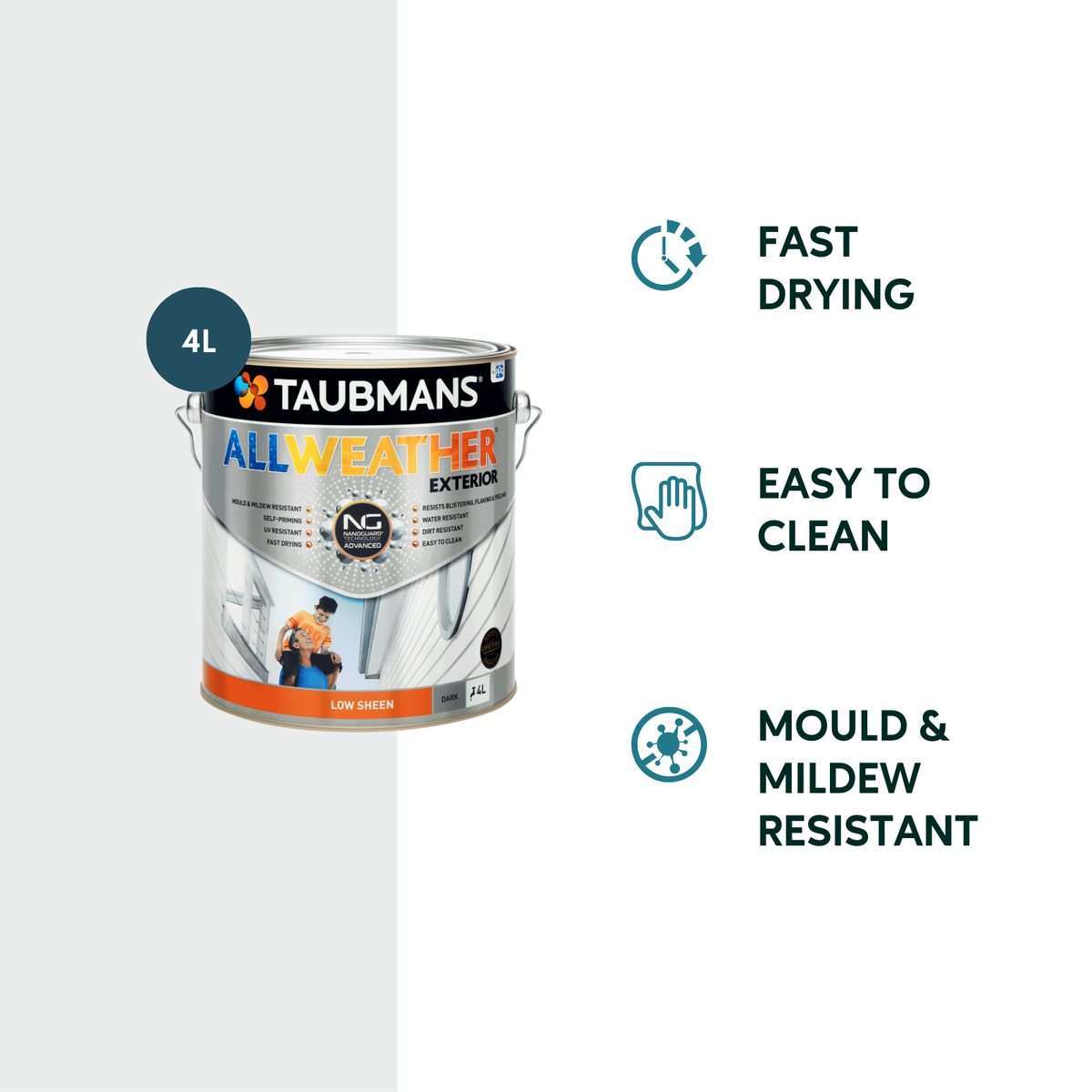 Taubmans 4L Dark Low Sheen All Weather Exterior Paint - Water Based - Mould Resistant - SuperSaverAU - view 2