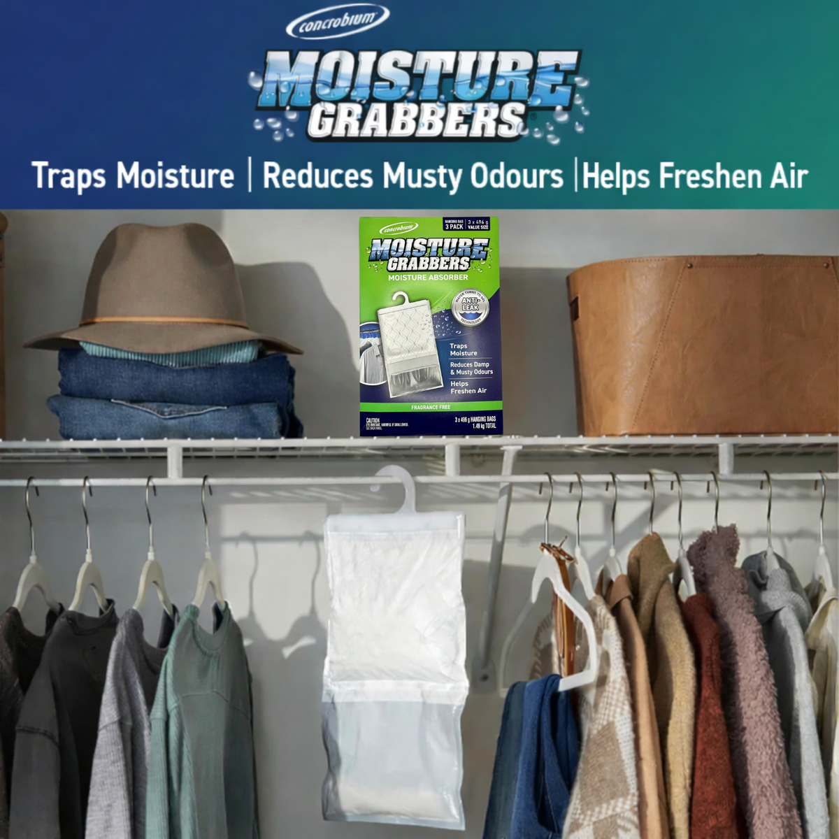 Concrobium Moisture Grabbers Hanging Bag Indoor Moisture Absorber - 3 Pack