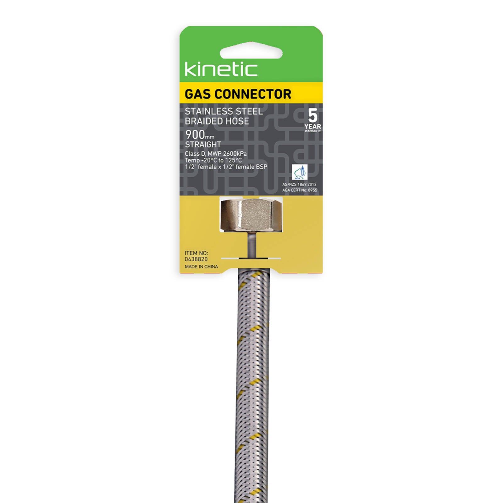 Kinetic 900mm Stainless Steel Flexible Braided Gas Connector, 1/2" BSP