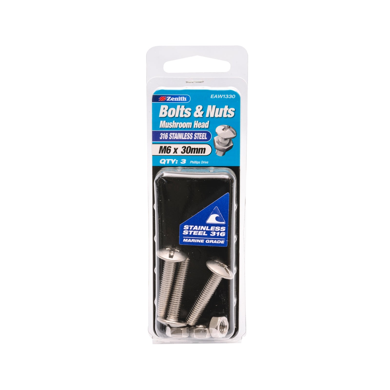 Zenith M6 x 30mm 316 Stainless Steel Mushroom Head Bolt and Nut 3 Pack