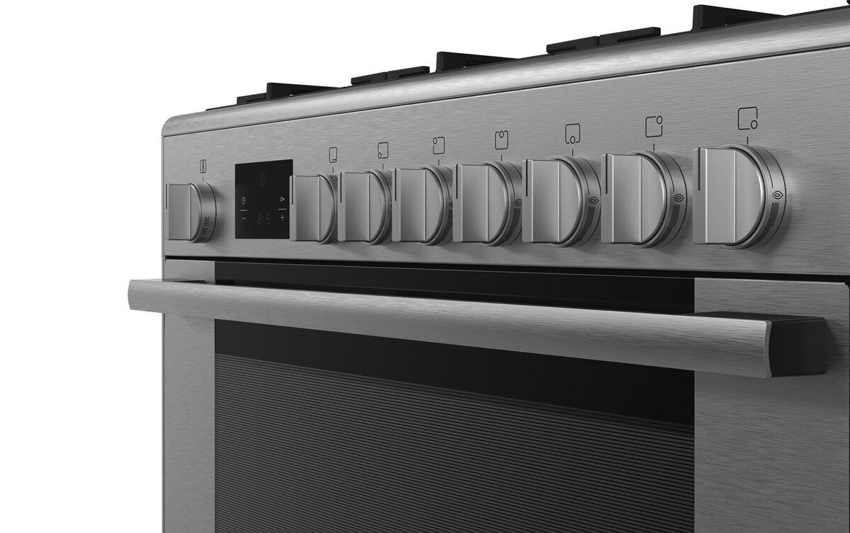 Bosch 90cm Dual Fuel Range Cooker and Canopy Rangehood Pack - 112L Oven, 6 Burners - HSB738357ADWP96BC50A