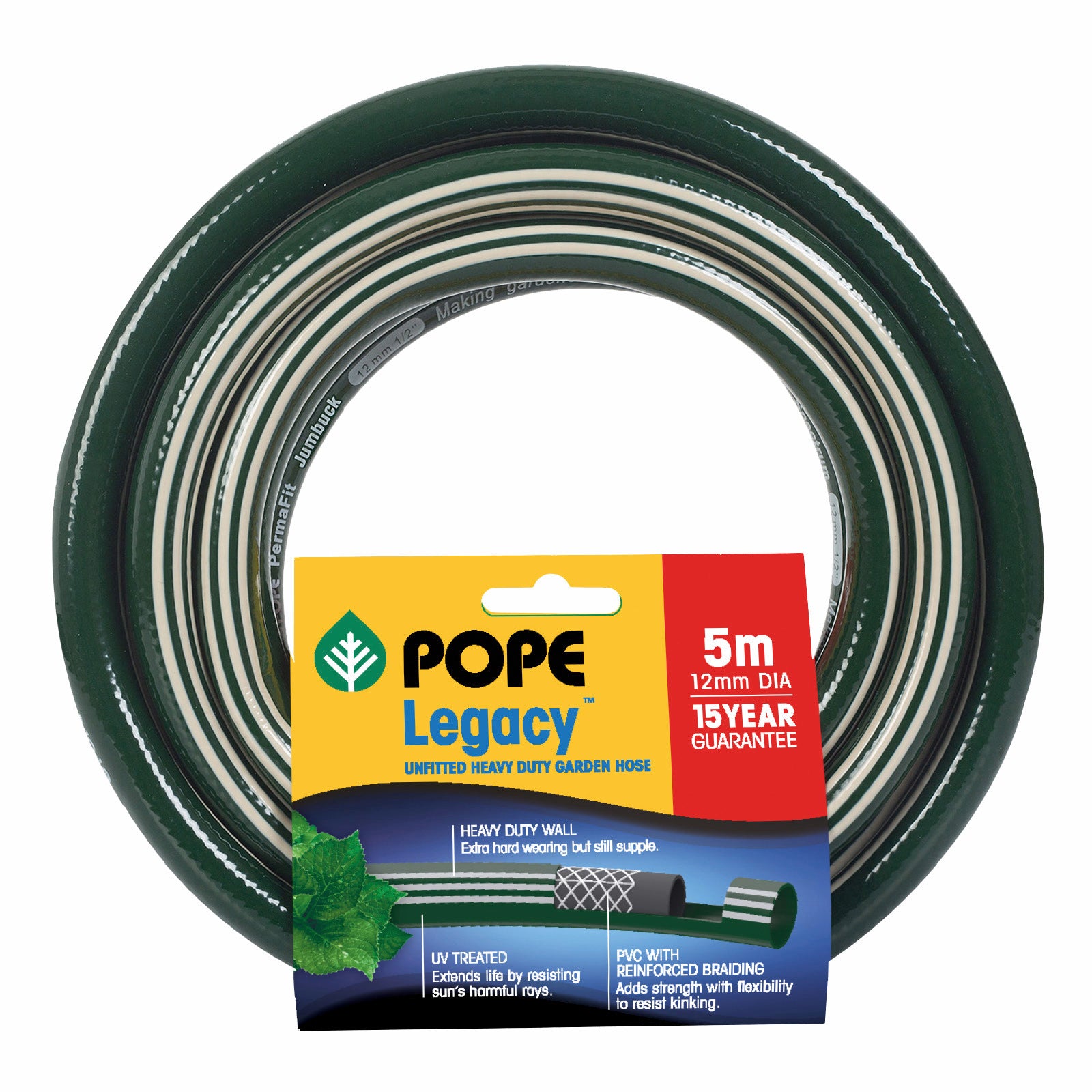 Pope 12mm x 5m Green PVC Legacy Unfitted Garden Hose UV Resistant 1200kPa