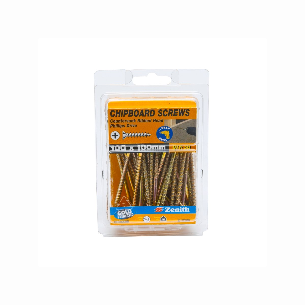 Zenith 10G x 100mm Gold Passivated Countersunk Rib Head Chipboard Screws - 50 Pack
