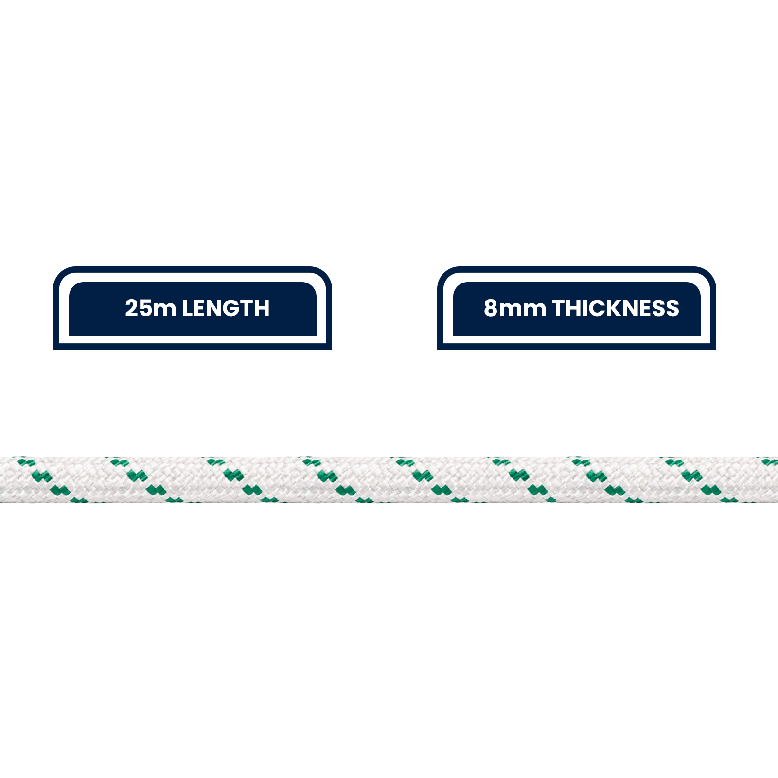 Grunt 8mm x 25m Outdoor Rope, White with Green Trace, Braided Polypropylene, 600kg Break Strength