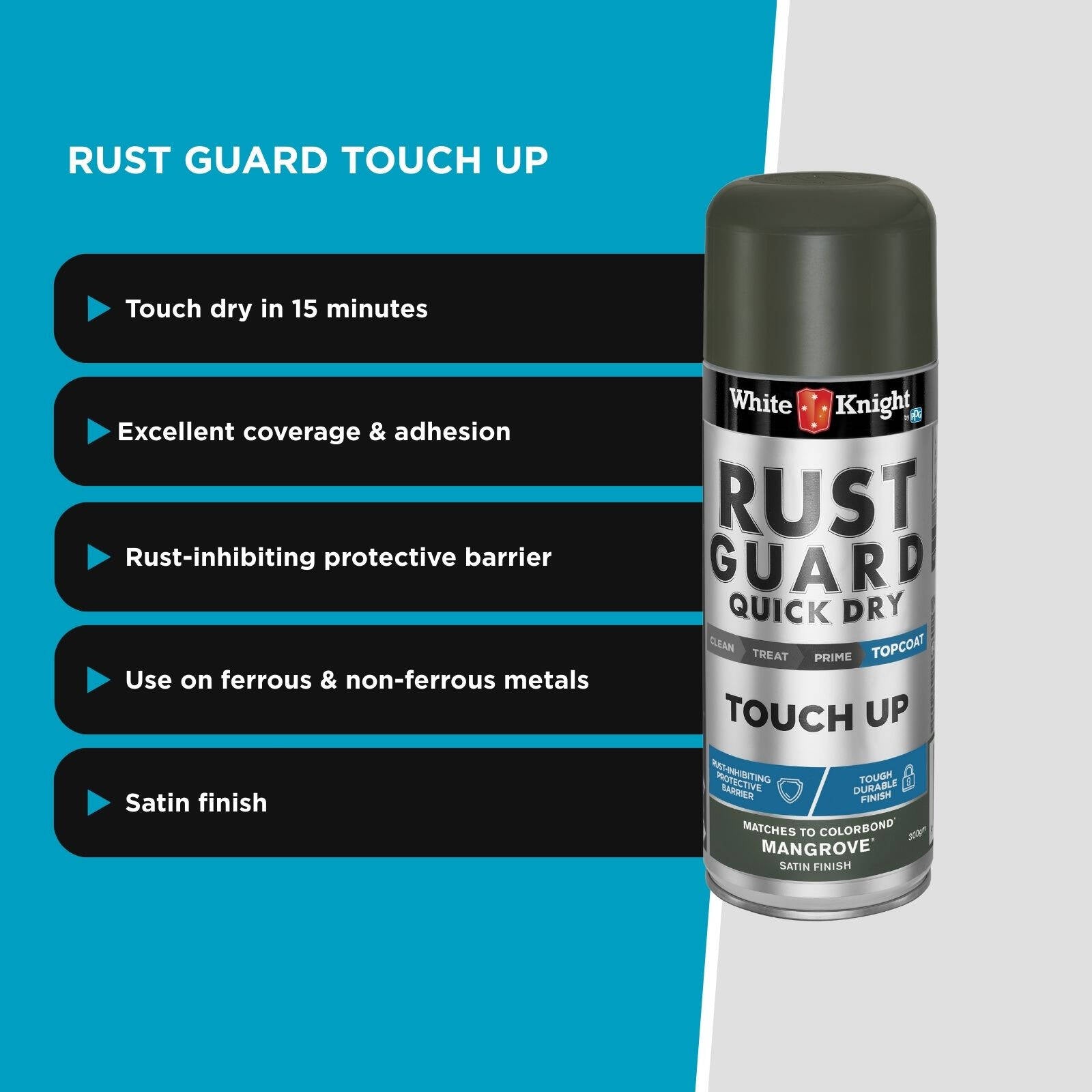 White Knight Rust Guard Touch Up Spray Paint Mangrove Satin 300g - For COLORBOND & Metal