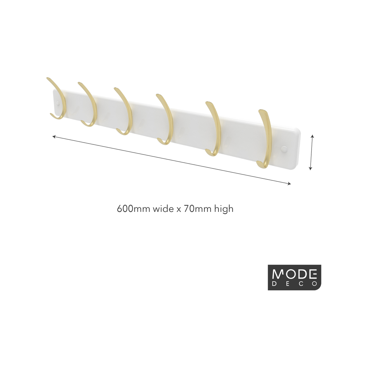 Mode 6 Hat and Coat Rack - 4 Hooks - 450mm x 70mm - Brushed Brass on White Board - SuperSaverAU - view 3