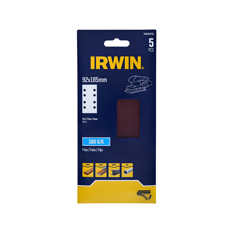 IRWIN 92 x 185mm 180 Grit 8 Holes 1/3 Punched Sanding Sheets - 5 Pack