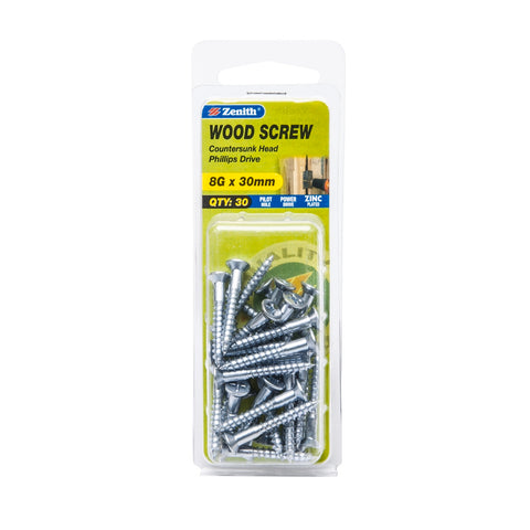 Zenith 8G x 30mm Zinc Plated Countersunk Head Wood Screws, Needle Point, 30 Pack