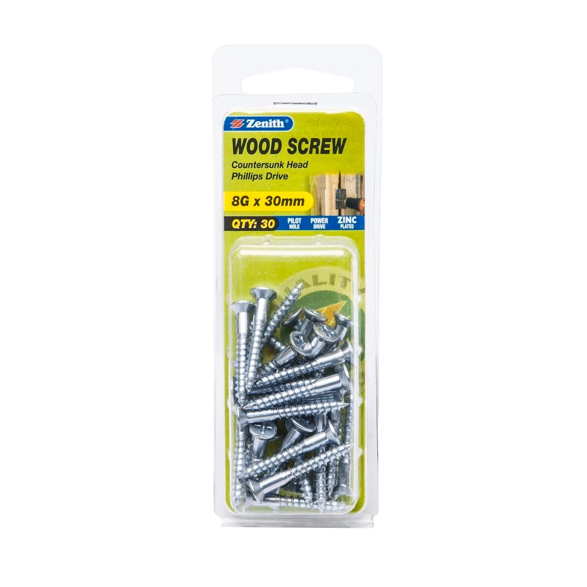 Zenith 8G x 30mm Zinc Plated Countersunk Head Wood Screws, Needle Point, 30 Pack