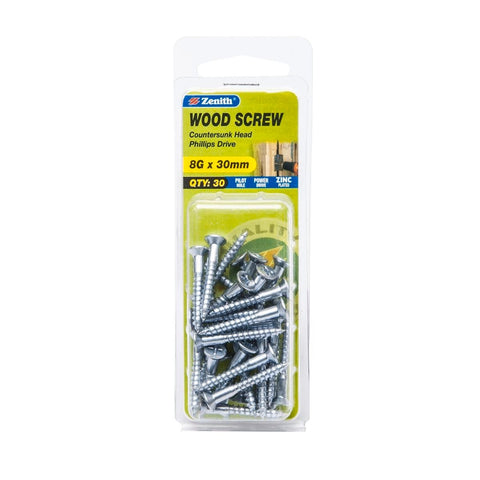 Zenith 8G x 30mm Zinc Plated Countersunk Head Wood Screws – 30 Pack - SuperSaverAU - view 1