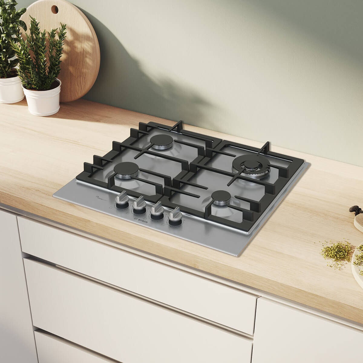 Bosch 60cm Series 6 Natural Gas Cooktop - FlameSelect, Wok Burner, Stainless Steel - PCH6A5I90A