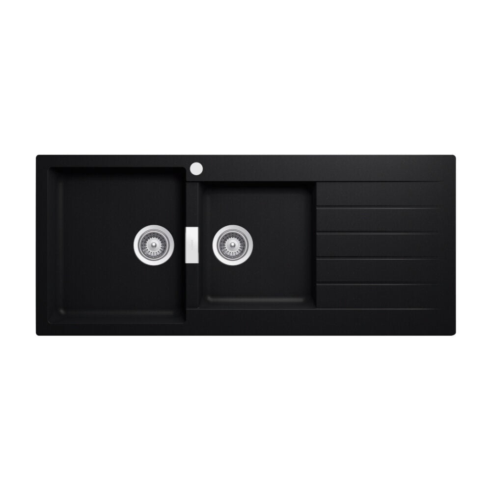 Abey Schock Signus 1 and 3/4 Bowl Topmount Sink with Right Hand Drainer - Pure Black Cristadur - D200PL