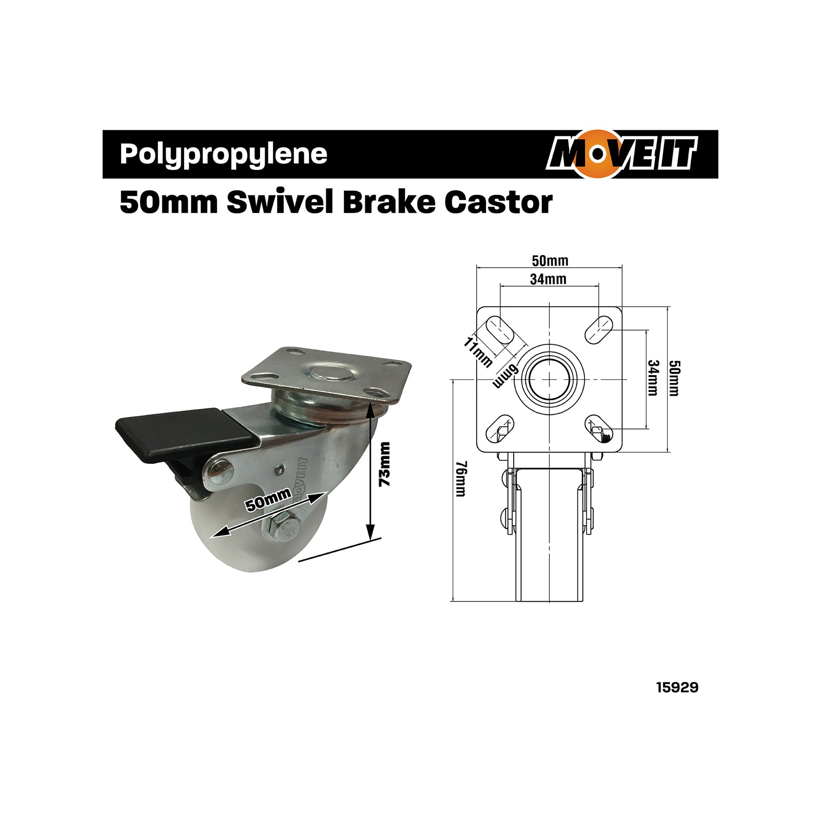Move It 50mm White Polypropylene Swivel Plate Brake Castor 40kg