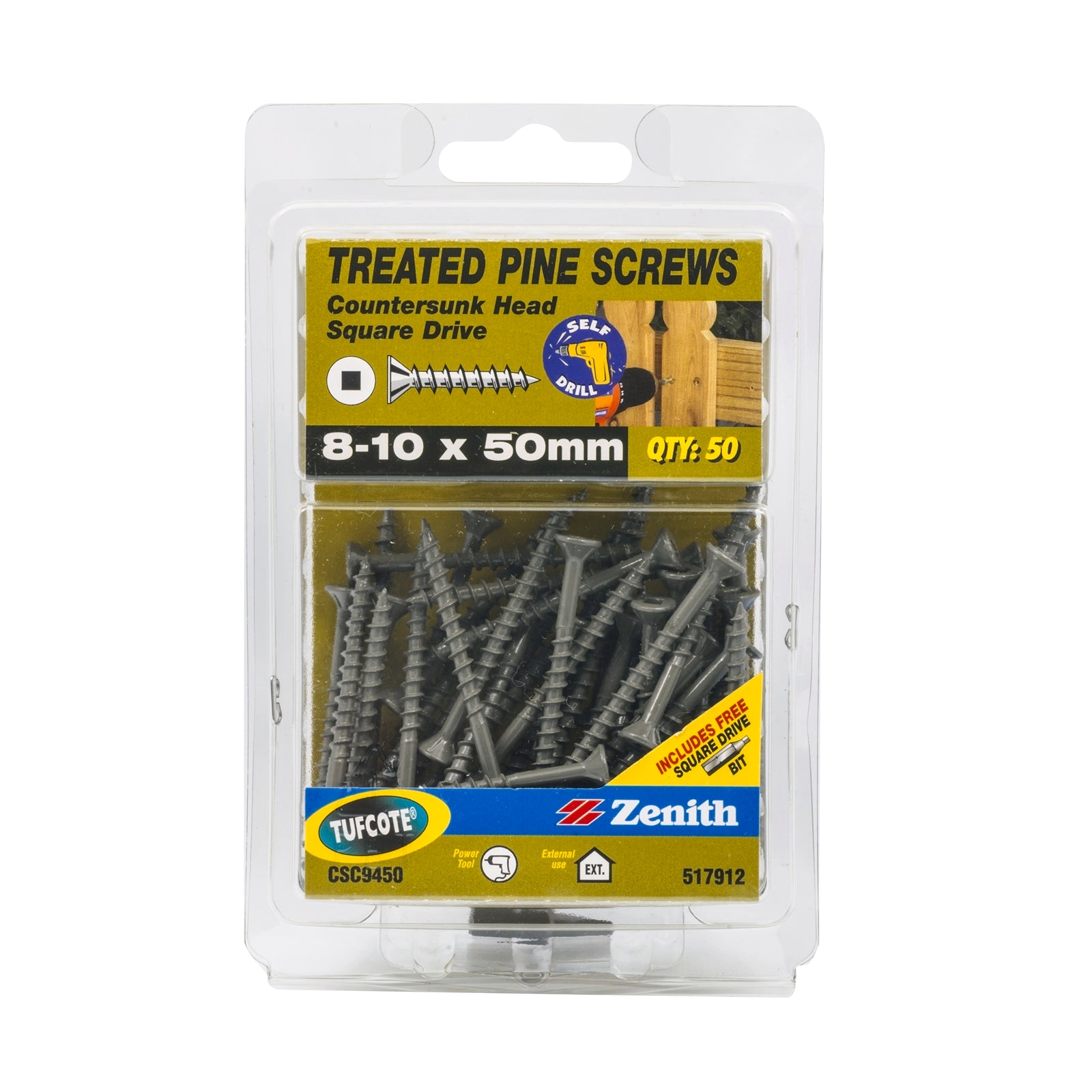 Zenith 8-10 x 50mm Treated Pine Countersunk Head Screws - Tufcote, Needle Point, 50 Pack