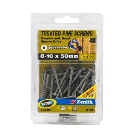 Zenith 8-10 x 50mm Treated Pine Countersunk Head Screws - Tufcote, Needle Point, 50 Pack