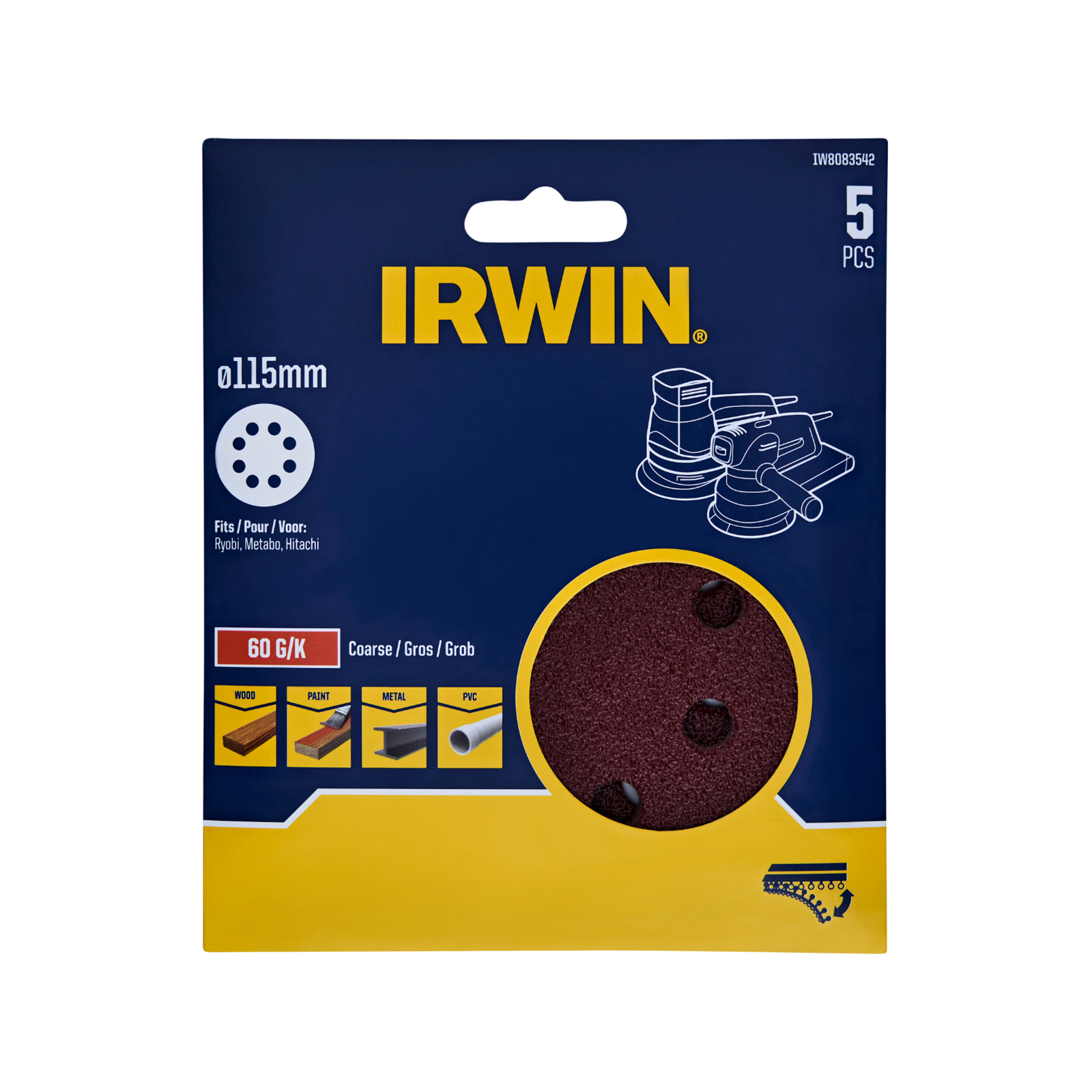 IRWIN 115mm 60 Grit 8 Holes Quick Fit Random Orbital Sanding Discs - 5 Pack
