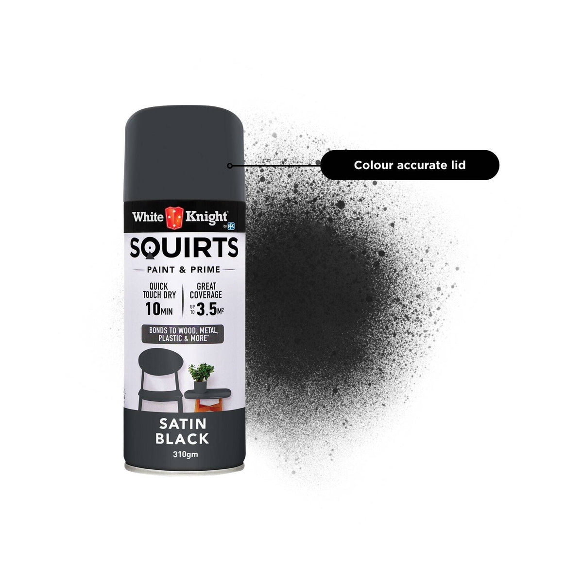 White Knight Squirts 310g Black Satin Spray Paint - Indoor/Outdoor