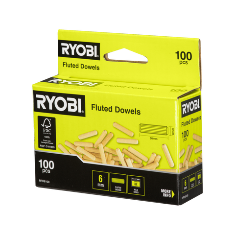 Ryobi 6mm Fluted Dowels - 100 Pack Kiln-Dried for Strong Timber Joints