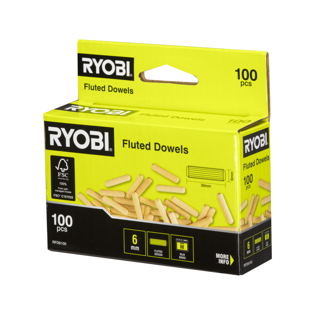 Ryobi 6mm Fluted Dowels - 100 Pack Kiln-Dried for Strong Timber Joints
