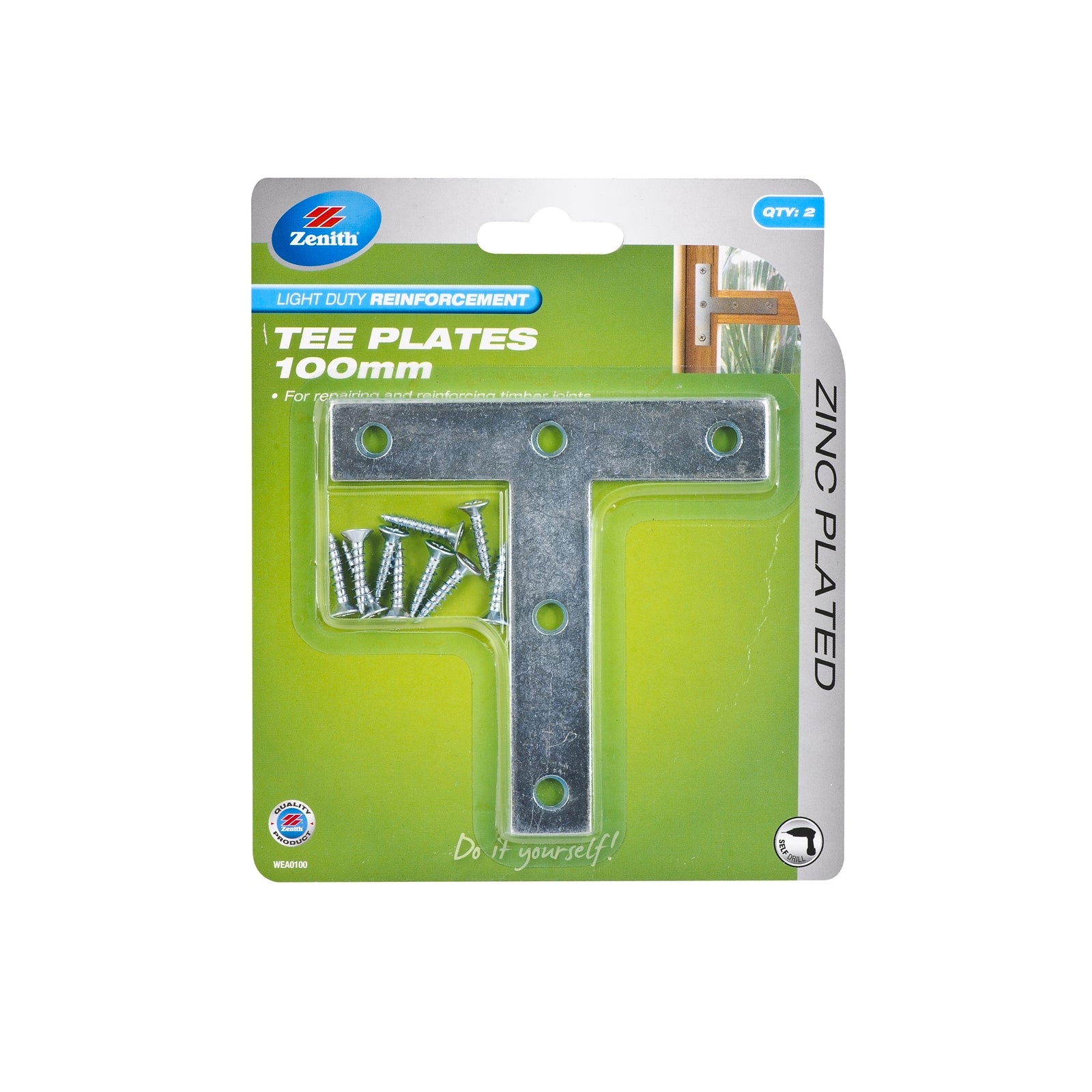 Zenith 100mm Zinc Plated Steel Mending Tee Plates, 2 Pack with Screws for Timber Joints