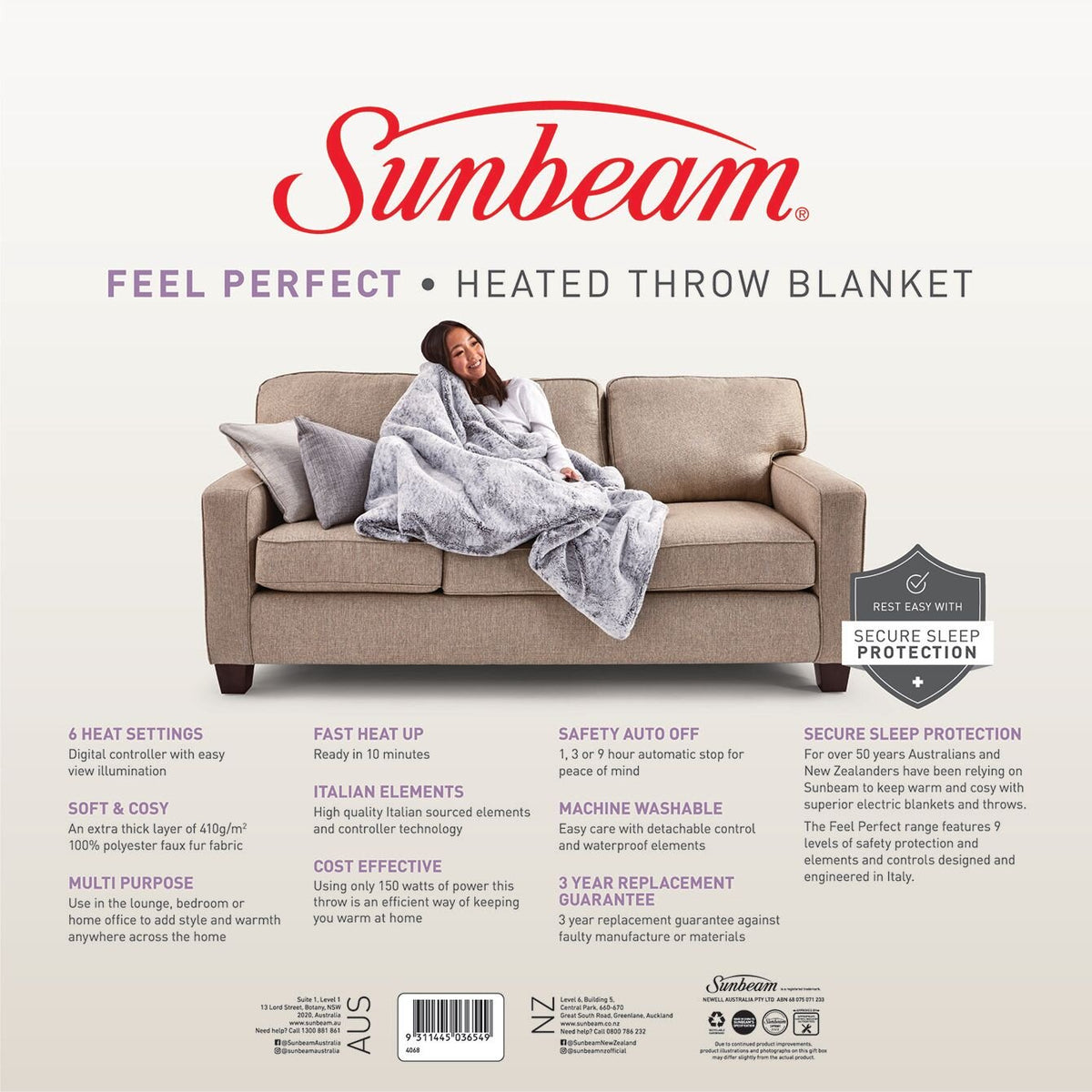 Sunbeam Feel Perfect Faux Fur Heated Throw - Sherpa Fleece, Digital Controller, Six Heat Settings - TRF4300
