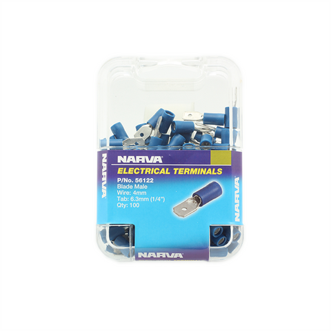 Narva Male Blade Terminal 4mm 6.3x0.8mm Blue Flared Vinyl 100 Pack - SuperSaverAU - view 1
