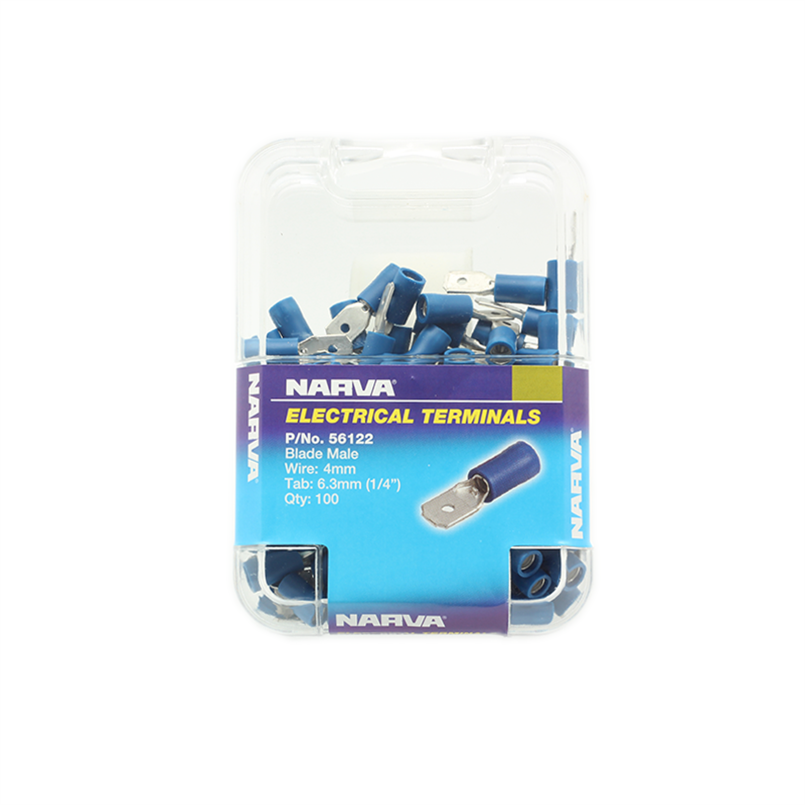 Narva 4mm Blue Double Crimped Male Blade Terminal Flared Vinyl - 100 Pack