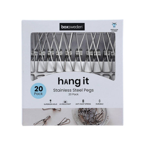 Boxsweden Stainless Steel Clothes Pegs 20 Pack - 27mm Silver Rust-Resistant Pegs
