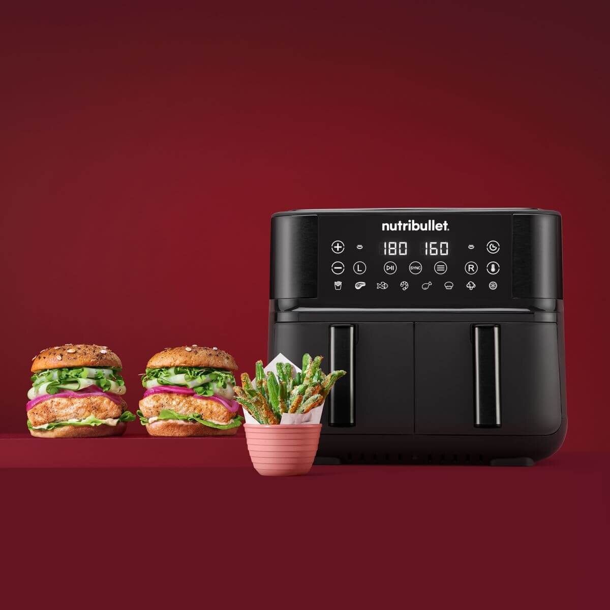 NutriBullet Twin Drawer Air Fryer - 2 x 4L Drawers, 8 Preset Cook Modes, Black - NBA07200
