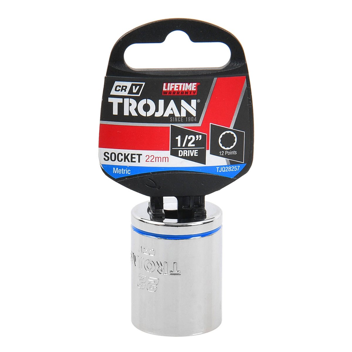Trojan 22mm Socket 1/2" Drive, Chrome Vanadium 12 Point Metric