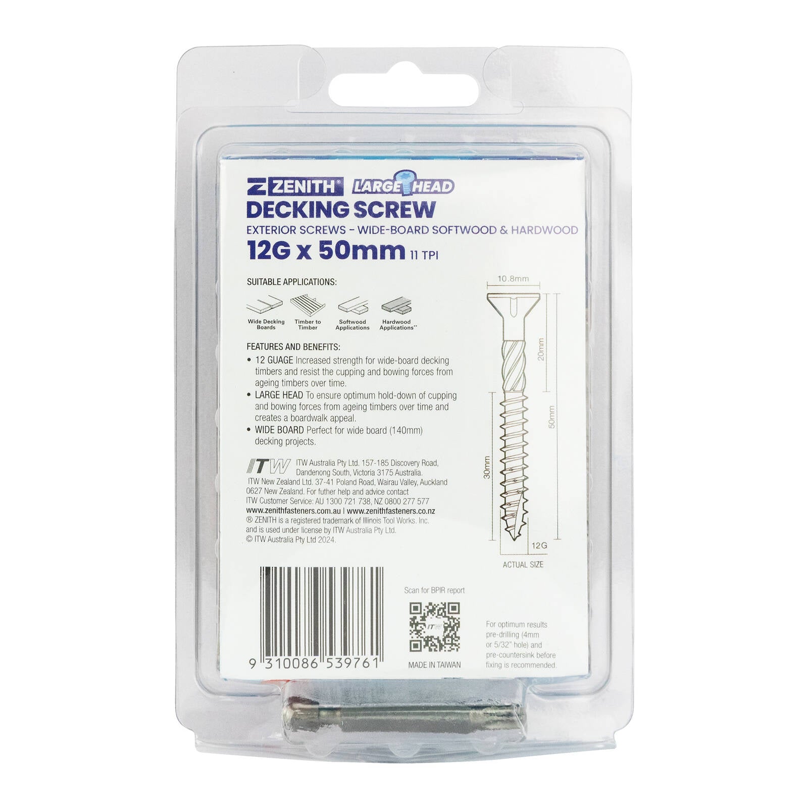 Zenith Large Head Decking Screw T25 12G x 50mm SS304 Stainless, 50 Pack