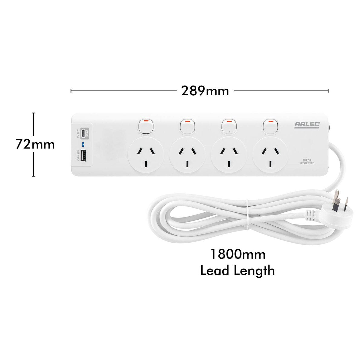 Arlec 4 Outlet Surge Powerboard 1.8m - PD30W USB A & C - White - SuperSaverAU - view 2