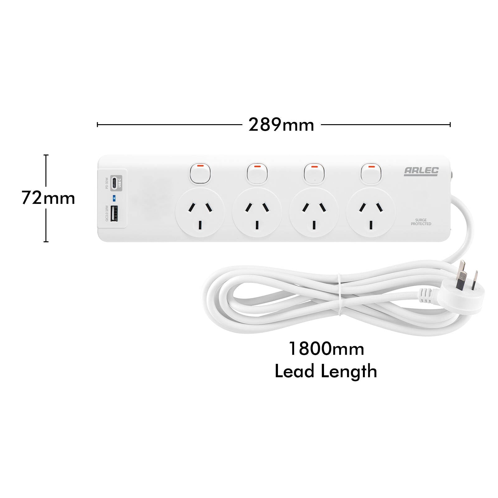 Arlec 4 Outlet Individually Switched Surge Powerboard PD30W USB-A & USB-C 1.8m White