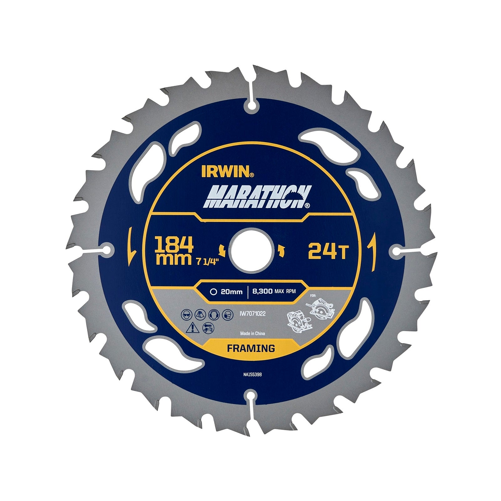 Irwin 184mm 24T Marathon Circular Saw Blade 20mm Arbor 16mm Bush