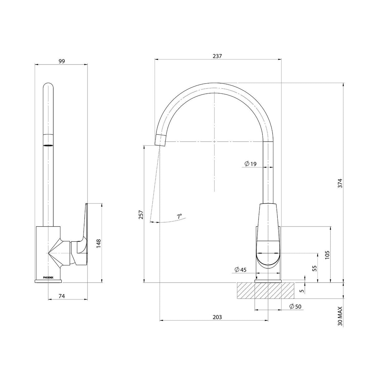 Phoenix Black Matte Bailey Sink Mixer - 360° Swivel Spout - Lead-Free - 99mm x 370mm x 237mm - SuperSaverAU - view 2